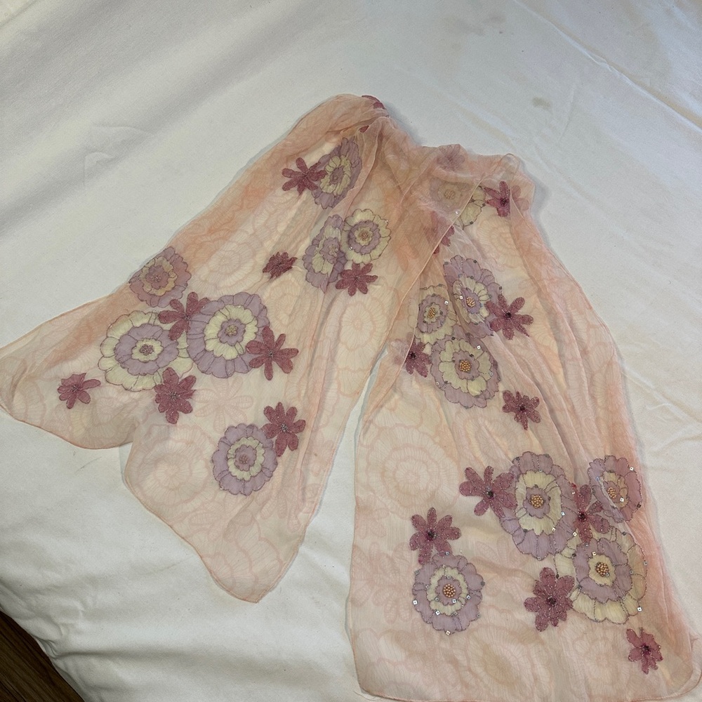 Floral Sheer Scarf with Pink and Purple Beaded Accents
